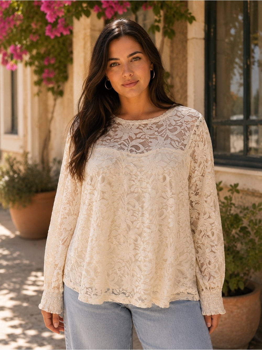 torrid Cream Lace Peasant-Style Long Sleeve Blouse